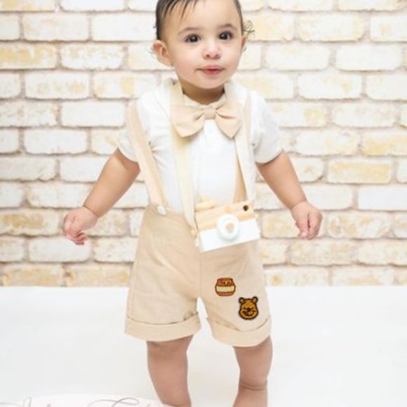 Classic Winnie the Pooh Beige Boy First Birthday Outfit Clothes Suspenders - Picture 2 of 9